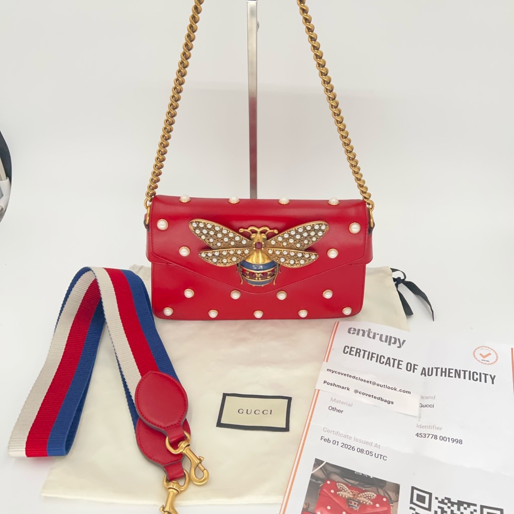 Gucci Broadway Red Shoulder Bag w/Long Strap, Dust Bag, and Entrupy COA
